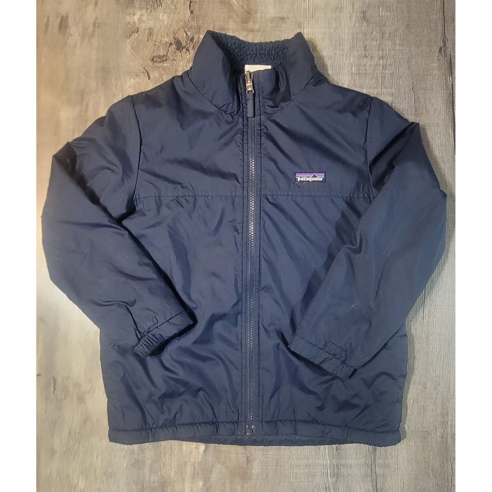 Patagonia Boys Navy Blue Full Zip Reversable Fleece Lined Nylon Jacket Outerwear